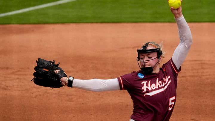 May 17, 2025; Tuscaloosa, AL, USA; Virginia Tech’s Emma Mazzarone makes a pitch against Alabama at Rhoads Stadium. Alabama defeated Virginia Tech 4-3 to advance to the final.