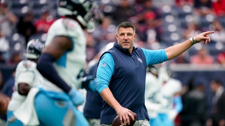 Tennessee Titans Head Coach Mike Vrabel runs his team through warmups before their game against the Houston Texans at NRG Stadium in Houston, Texas., Sunday, Dec. 31, 2023. Vrabel was fired by owner Amy Adams Strunk Monday after having two losing seasons back-to-back.