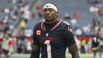 Oct 27, 2024; Houston, Texas, USA; Houston Texans wide receiver Stefon Diggs (1) walks towards the sideline before the game against the Indianapolis Colts at NRG Stadium. Mandatory Credit: Troy Taormina-Imagn Images