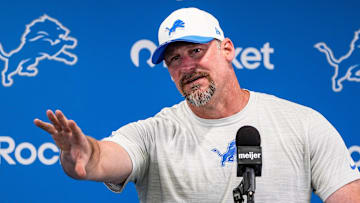 Detroit Lions head coach Dan Campbell speaks at a press conference during training camp at Meijer Performance Center in Allen Park on Sunday, July 20, 2025.