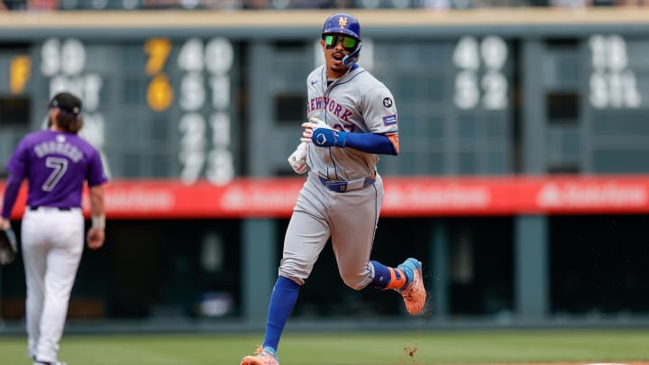 Aug 8, 2024; Denver, Colorado, USA; New York Mets third baseman Mark Vientos (27) rounds the bases on a two run home run in the fifth inning against the Colorado Rockies at Coors Field. Mandatory Credit: Isaiah J. Downing-USA TODAY Sports