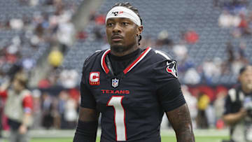 Oct 27, 2024; Houston, Texas, USA; Houston Texans wide receiver Stefon Diggs (1) walks towards the sideline before the game against the Indianapolis Colts at NRG Stadium. Mandatory Credit: Troy Taormina-Imagn Images