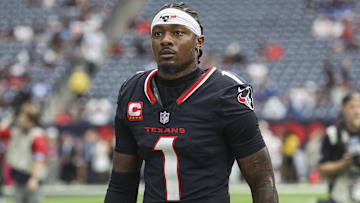 Oct 27, 2024; Houston, Texas, USA; Houston Texans wide receiver Stefon Diggs (1) walks towards the sideline before the game against the Indianapolis Colts at NRG Stadium. Mandatory Credit: Troy Taormina-Imagn Images