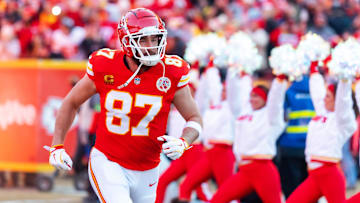 Jan 26, 2025; Kansas City, MO, USA; Kansas City Chiefs tight end Travis Kelce (87) against the Buffalo Bills during the AFC Championship game at GEHA Field at Arrowhead Stadium.