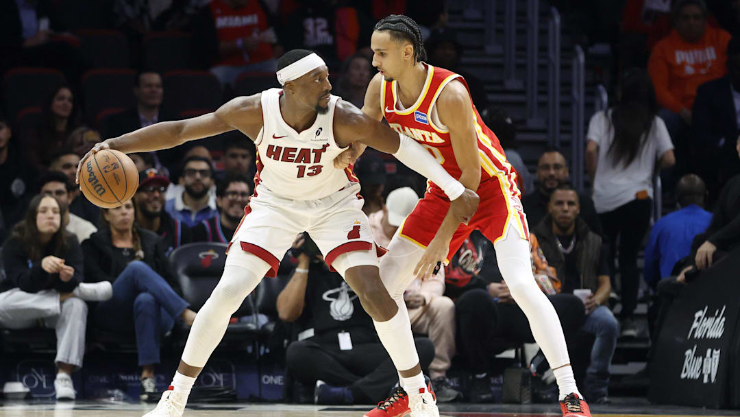 Feb 3, 2026; Miami, Florida, USA; Atlanta Hawks forward Zaccharie Risacher (10) defends Miami Heat center Bam Adebayo (13) during the second half at Kaseya Center. Mandatory Credit: Rhona Wise-Imagn Images Feb 3, 2026; Miami, Florida, USA; Atlanta Hawks forward Zaccharie Risacher (10) defends Miami Heat center Bam Adebayo (13) during the second half at Kaseya Center. Mandatory Credit: Rhona Wise-Imagn Images