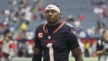 Oct 27, 2024; Houston, Texas, USA; Houston Texans wide receiver Stefon Diggs (1) walks towards the sideline before the game against the Indianapolis Colts at NRG Stadium. Mandatory Credit: Troy Taormina-Imagn Images