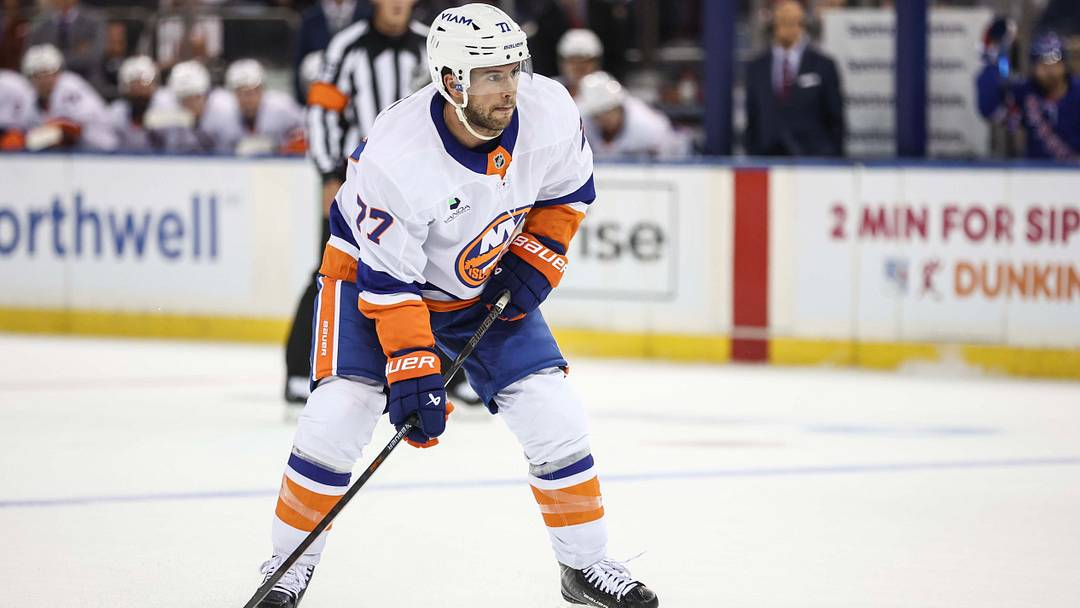Sep 22, 2026; New York, New York, USA; New York Islanders defenseman Tony DeAngelo (77) controls the puck in the first period against the New York Rangers at Madison Square Garden. Mandatory Credit: Wendell Cruz-Imagn Images Sep 22, 2026; New York, New York, USA; New York Islanders defenseman Tony DeAngelo (77) controls the puck in the first period against the New York Rangers at Madison Square Garden. Mandatory Credit: Wendell Cruz-Imagn Images