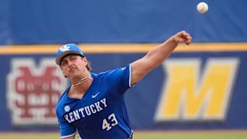 May 20, 2025; Hoover, AL, USA; Kentucky’s Jackson Nove pitches in relief against Oklahoma in the first round of the SEC Baseball Tournament at the Hoover Met.