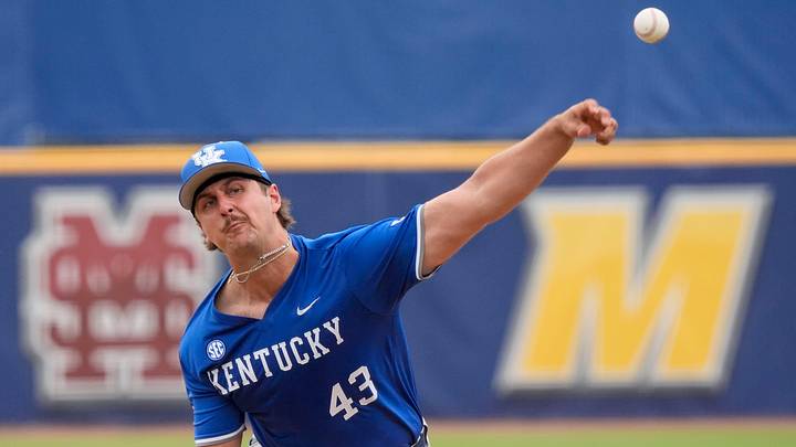 May 20, 2025; Hoover, AL, USA; Kentucky’s Jackson Nove pitches in relief against Oklahoma in the first round of the SEC Baseball Tournament at the Hoover Met.