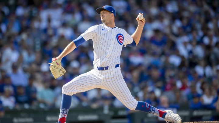 Aug 17, 2024; Chicago, Illinois, USA; Chicago Cubs relief pitcher Drew Smyly (11) pitches during the seventh inning against the Toronto Blue Jays at Wrigley Field. Mandatory Credit: Patrick Gorski-USA TODAY Sports