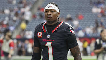 Oct 27, 2024; Houston, Texas, USA; Houston Texans wide receiver Stefon Diggs (1) walks towards the sideline before the game against the Indianapolis Colts at NRG Stadium. Mandatory Credit: Troy Taormina-Imagn Images