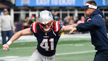 Oct 22, 2023; Foxborough, Massachusetts, USA; New England Patriots safety Brenden Schooler (41) works on a drill during warmups prior to a game against the Buffalo Bills at Gillette Stadium. Mandatory Credit: Bob DeChiara-Imagn Images