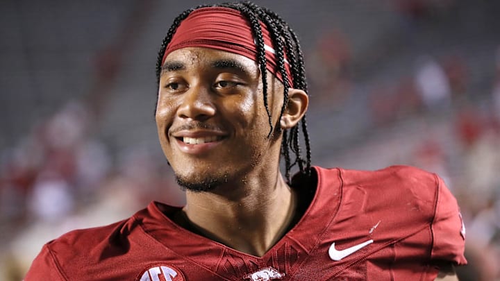 Arkansas Razorbacks quarterback Taylen Green (10) celebrates after the game against the Pine Bluff Golden Lions at War Memorial Stadium.