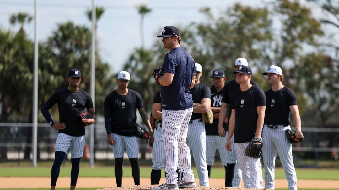 Feb 12, 2025; Tampa, FL, USA; New York Yankees starting pitcher Gerrit Cole (45) participates in spring training workouts at George M. Steinbrenner Field. Mandatory Credit: Nathan Ray Seebeck-Imagn Images