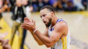 Oct 23, 2025; San Francisco, California, USA;  Golden State Warriors guard Stephen Curry (30) celebrates against the Denver Nuggets during the third quarter at Chase Center. Mandatory Credit: Bob Kupbens-Imagn Images