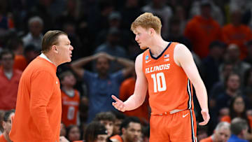 Mar 30, 2024; Boston, MA, USA; Illinois Fighting Illini guard Luke Goode (10) talks with head coach Brad Underwood in the finals of the East Regional of the 2024 NCAA Tournament at TD Garden. Mandatory Credit: Brian Fluharty-Imagn Images