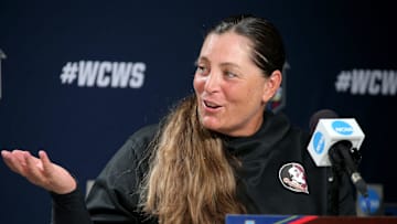 Florida State coach Lonni Alameda speaks speaks during a press conference for the Women's College World Series at USA Softball Hall of Fame Stadium in Oklahoma City, Wednesday, May 31, 2023.