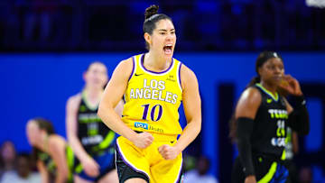 Jun 6, 2025; Arlington, Texas, USA;  Los Angeles Sparks guard Kelsey Plum (10) reacts against the Dallas Wings during the second half at College Park Center. Mandatory Credit: Kevin Jairaj-Imagn Images
