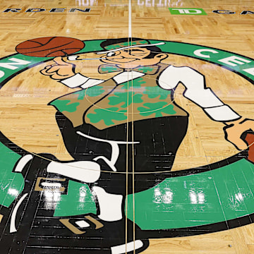 Nov 26, 2023; Boston, Massachusetts, USA; The Boston Celtics logo is seen before the game between the Boston Celtics and the Atlanta Hawks at TD Garden. Mandatory Credit: Winslow Townson-Imagn Images