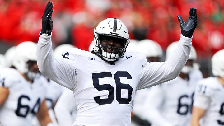 Oct 21, 2023; Columbus, Ohio, USA;  Penn State Nittany Lions defensive end Joseph Mupoyi (56) celebrates during the first quarter against the Ohio State Buckeyes at Ohio Stadium. Mandatory Credit: Joseph Maiorana-Imagn Images