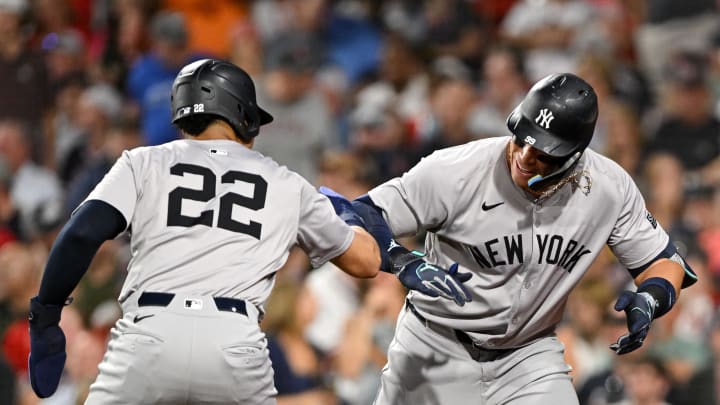 New York Yankees outfielder Aaron Judge (99) celebrates with outfielder Juan Soto (22) after hitting a three-run home run against the Boston Red Sox during the seventh inning at Fenway Park on July 26.