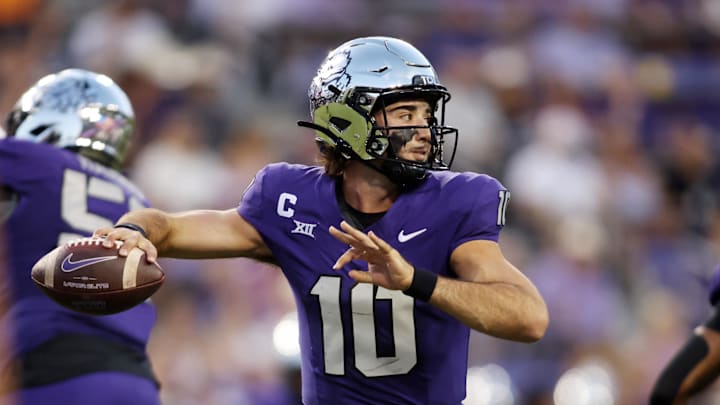 Oct 4, 2024; Fort Worth, Texas, USA; TCU Horned Frogs quarterback Josh Hoover (10) throws a pass against the Houston Cougars in the first quarter at Amon G. Carter Stadium. Mandatory Credit: Tim Heitman-Imagn Images