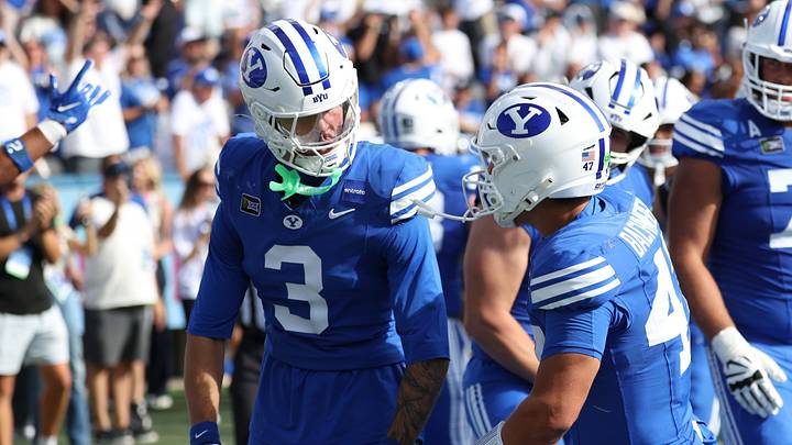 Sep 12, 2026; Provo, Utah, USA;  BYU Cougars wide receiver Kyler Kasper (3) celebrates with quarterback Bear Bachmeier (47) after scoring a touchdown against the Arizona Wildcats during the second half at LaVell Edwards Stadium.  Mandatory Credit: Rob Gray-Imagn Images