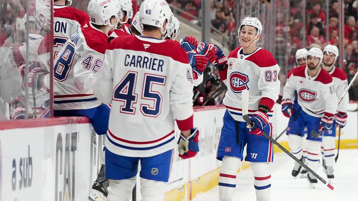 May 21, 2026; Raleigh, North Carolina, USA; Montreal Canadiens right wing Ivan Demidov (93) celebrates with teammates after scoring a goal against the Carolina Hurricanes during the first period in game one of the Eastern Conferene Final of the 2026 Stanley Cup Playoffs at Lenovo Center. Mandatory Credit: James Guillory-Imagn Images