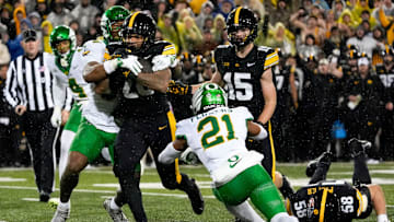 Iowa Hawkeyes running back Kamari Moulton (28) carries the ball Nov. 8, 2025 during a Big Ten Football game against the Oregon Ducks at Kinnick Stadium in Iowa City, Iowa.