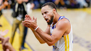 Oct 23, 2025; San Francisco, California, USA;  Golden State Warriors guard Stephen Curry (30) celebrates against the Denver Nuggets during the third quarter at Chase Center. Mandatory Credit: Bob Kupbens-Imagn Images