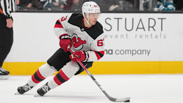 New Jersey Devils left wing Jesper Bratt  Mandatory Credit: Darren Yamashita-Imagn Images