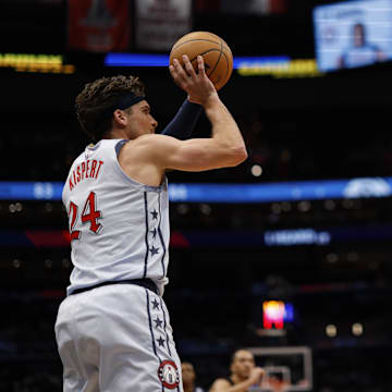 Feb 24, 2025; Washington, District of Columbia, USA; Washington Wizards forward Corey Kispert (24) shoots the ball against the Brooklyn Nets in the second half at Capital One Arena. Mandatory Credit: Geoff Burke-Imagn Images