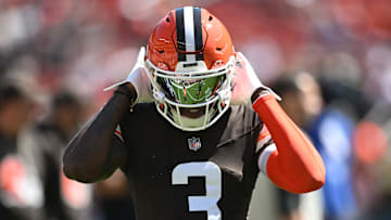 Sep 7, 2025; Cleveland, Ohio, USA;  Cleveland Browns wide receiver Jerry Jeudy (3) warms up before a game against the Cincinnati Bengals at Huntington Bank Field.