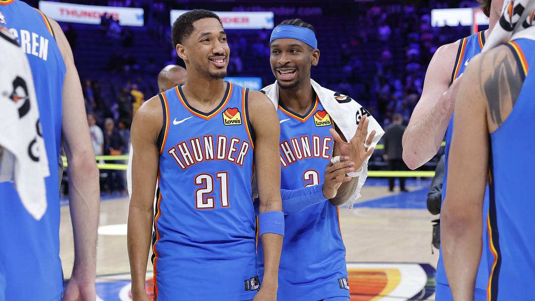 Apr 5, 2026; Oklahoma City, Oklahoma, USA; Oklahoma City Thunder guard Aaron Wiggins (21) and Oklahoma City Thunder guard Shai Gilgeous-Alexander (2) laugh after a game against the Utah Jazz at Paycom Center. Mandatory Credit: Alonzo Adams-Imagn Images Apr 5, 2026; Oklahoma City, Oklahoma, USA; Oklahoma City Thunder guard Aaron Wiggins (21) and Oklahoma City Thunder guard Shai Gilgeous-Alexander (2) laugh after a game against the Utah Jazz at Paycom Center. Mandatory Credit: Alonzo Adams-Imagn Images