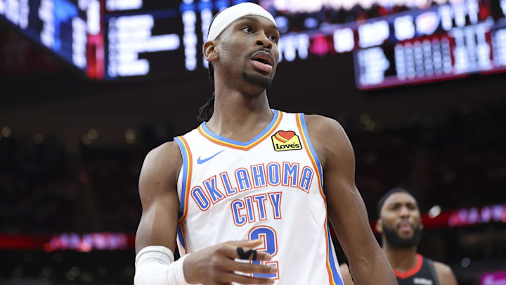 Jan 15, 2026; Houston, Texas, USA; Oklahoma City Thunder guard Shai Gilgeous-Alexander (2) reacts after a play during the third quarter against the Houston Rockets at Toyota Center. Mandatory Credit: Troy Taormina-Imagn Images