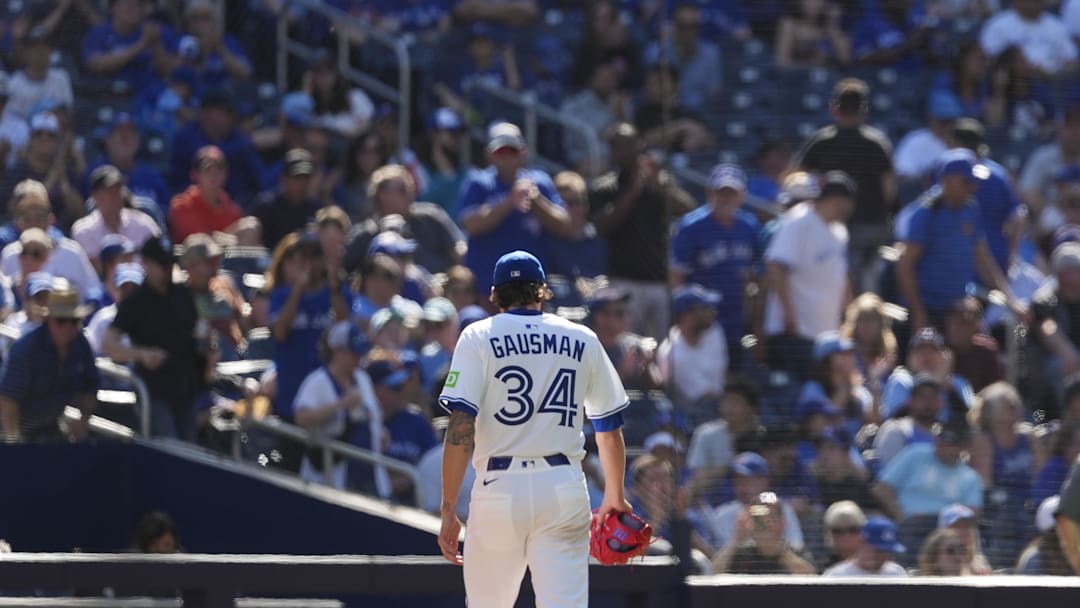 May 15, 2025; Toronto, Ontario, CAN; Toronto Blue Jays pitcher Kevin Gausman (34) is taken out of the game during the sixth inning against the Tampa Bay Rays at Rogers Centre. 