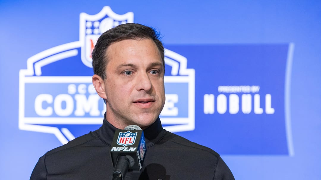 Feb 28, 2023; Indianapolis, IN, USA; Kansas City Chiefs general manager Brett Veach speaks to the press at the NFL Combine at Lucas Oil Stadium. Mandatory Credit: Trevor Ruszkowski-Imagn Images