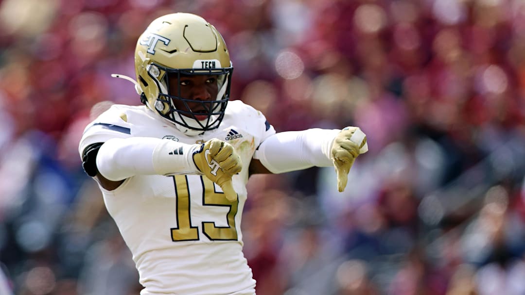 Oct 26, 2024; Blacksburg, Virginia, USA; Georgia Tech Yellow Jackets linebacker Tah'j Butler (15) reacts after a play during the third quarter against the Virginia Tech Hokies at Lane Stadium. Mandatory Credit: Peter Casey-Imagn Images