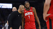Oct 21, 2025; Oklahoma City, Oklahoma, USA; Houston Rockets head coach Ime Udoka talks to forward Kevin Durant (7) during a break in play against the Oklahoma City Thunder during the second half at Paycom Center. Mandatory Credit: Alonzo Adams-Imagn Images