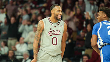 Jan 11, 2025; Starkville, Mississippi, USA; Mississippi State Bulldogs guard Claudell Harris Jr. (0) reacts after a three-point basket against the Kentucky Wildcats during the second half at Humphrey Coliseum. Mandatory Credit: Wesley Hale-Imagn Images