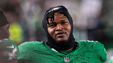 Oct 22, 2023; Philadelphia, Pennsylvania, USA; Philadelphia Eagles defensive tackle Jalen Carter (98) looks on during the fourth quarter against the Miami Dolphins at Lincoln Financial Field. Mandatory Credit: Bill Streicher-Imagn Images