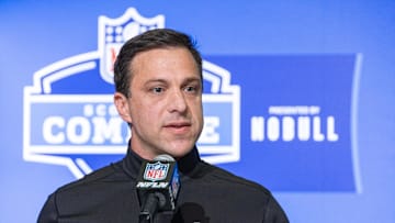 Feb 28, 2023; Indianapolis, IN, USA; Kansas City Chiefs general manager Brett Veach speaks to the press at the NFL Combine at Lucas Oil Stadium. Mandatory Credit: Trevor Ruszkowski-Imagn Images