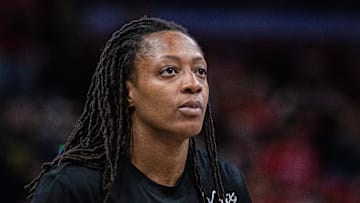 Sep 26, 2025; Indianapolis, Indiana, USA; Indiana Fever guard Kelsey Mitchell (0) looks on during game three against the Las Vegas Aces of the second round for the 2025 WNBA Playoffs at Gainbridge Fieldhouse. Mandatory Credit: Trevor Ruszkowski-Imagn Images