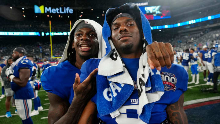 New York Giants cornerback Deonte Banks (3) and New York Giants wide receiver Malik Nabers (9) are shown on the field at MetLIfe Stadium, after the game, Thursday, August 8 2024, in East Rutherford.