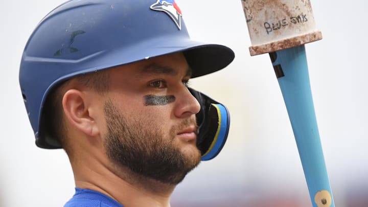 Jun 15, 2025; Philadelphia, Pennsylvania, USA; Toronto Blue Jays shortstop Bo Bichette (11) on deck against the Philadelphia Phillies at Citizens Bank Park.