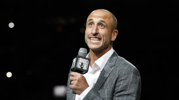 Mar 28, 2019; San Antonio, TX, USA; Former San Antonio Spurs player Manu Ginobili addresses the crowd during his jersey retirement ceremony at AT&T Center. Mandatory Credit: Soobum Im-USA TODAY Sports