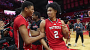 Dec 14, 2024; Piscataway, New Jersey, USA; Rutgers Scarlet Knights guard Dylan Harper (2) and guard Ace Bailey (4) celebrate after defeating the Seton Hall Pirates at Jersey Mike's Arena. Mandatory Credit: Vincent Carchietta-Imagn Images