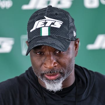 Jul 25, 2025; Florham Park, NJ, USA; New York Jets head coach Aaron Glenn speaks to the media during training camp at Atlantic Health Jets Training Center. Mandatory Credit: John Jones-Imagn Images