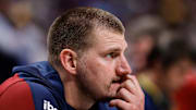 Apr 21, 2025; Denver, Colorado, USA; Denver Nuggets center Nikola Jokic (15) before the start of the third period against the Los Angeles Clippers during game two of first round for the 2025 NBA Playoffs at Ball Arena. Mandatory Credit: Isaiah J. Downing-Imagn Images