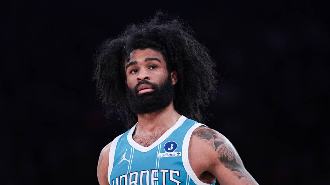 Apr 12, 2026; New York, New York, USA; Charlotte Hornets guard Coby White (3) in action against the New York Knicks during the first half at Madison Square Garden. Mandatory Credit: Vincent Carchietta-Imagn Images
